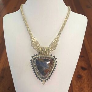 Artisan Bead Embroidered Necklace w/ Gorgeous Stone